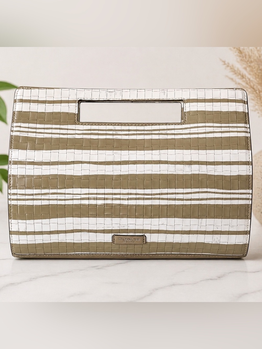 Coach Striped Taupe and White Wristlet Clutch